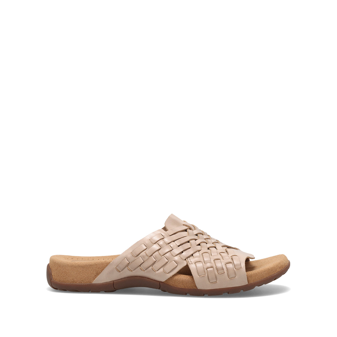 Beige sandal with wooden sole on a white background