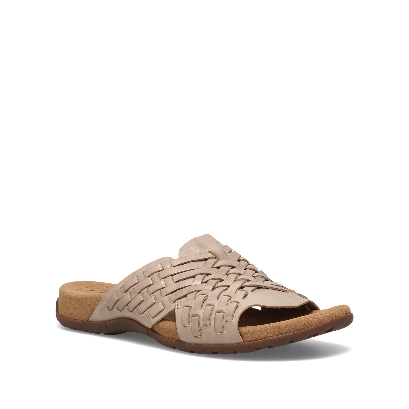 Beige sandal with woven design on a white background