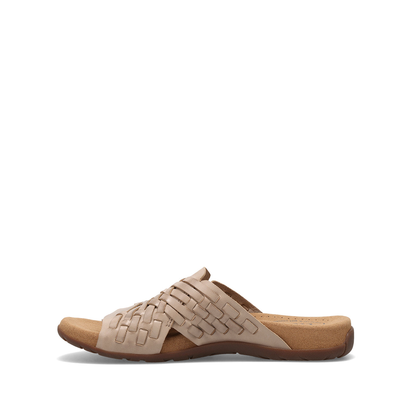 Beige sandal with woven design on a white background