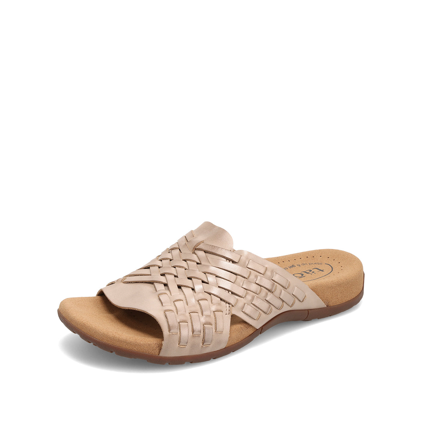 Beige sandal with woven design on a white background