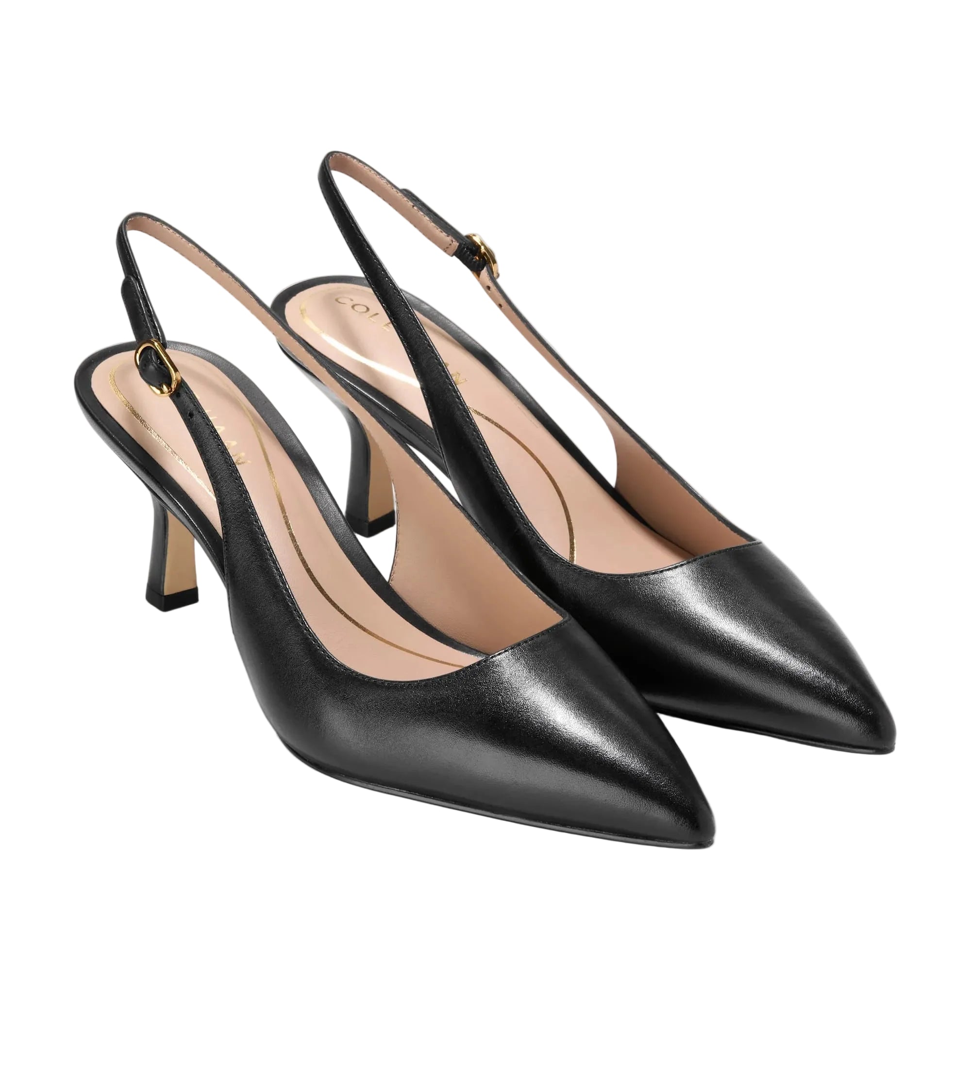 Black pointed-toe slingback heels on a white background