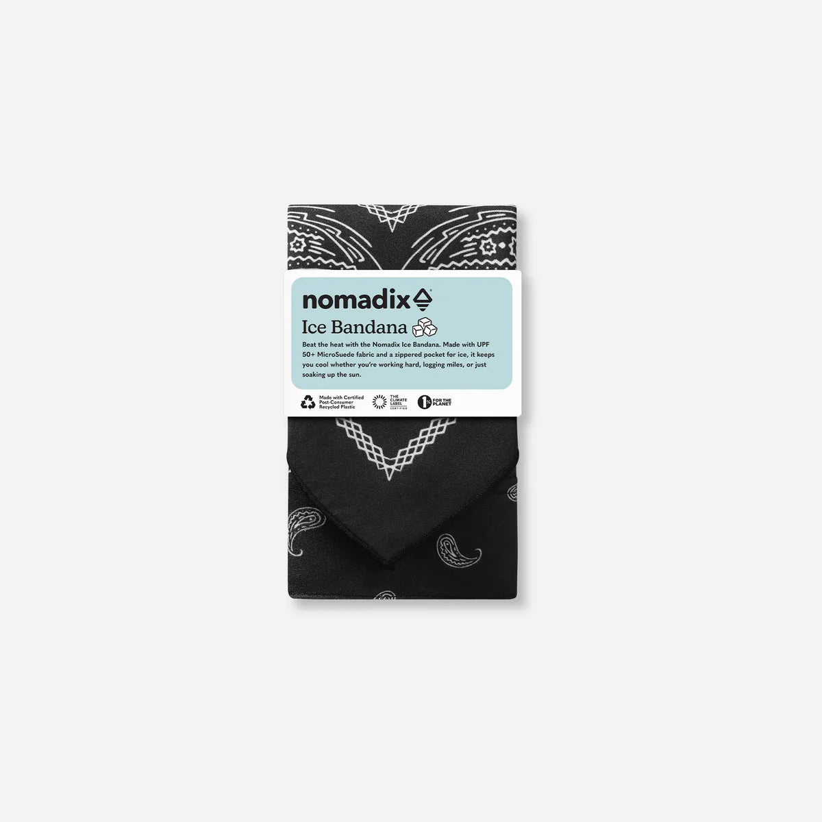 A packaged black bandana with a white paisley and geometric pattern, shown upright on a light gray background. The front has a white label with the brand name nomadix and the text Ice Bandana.