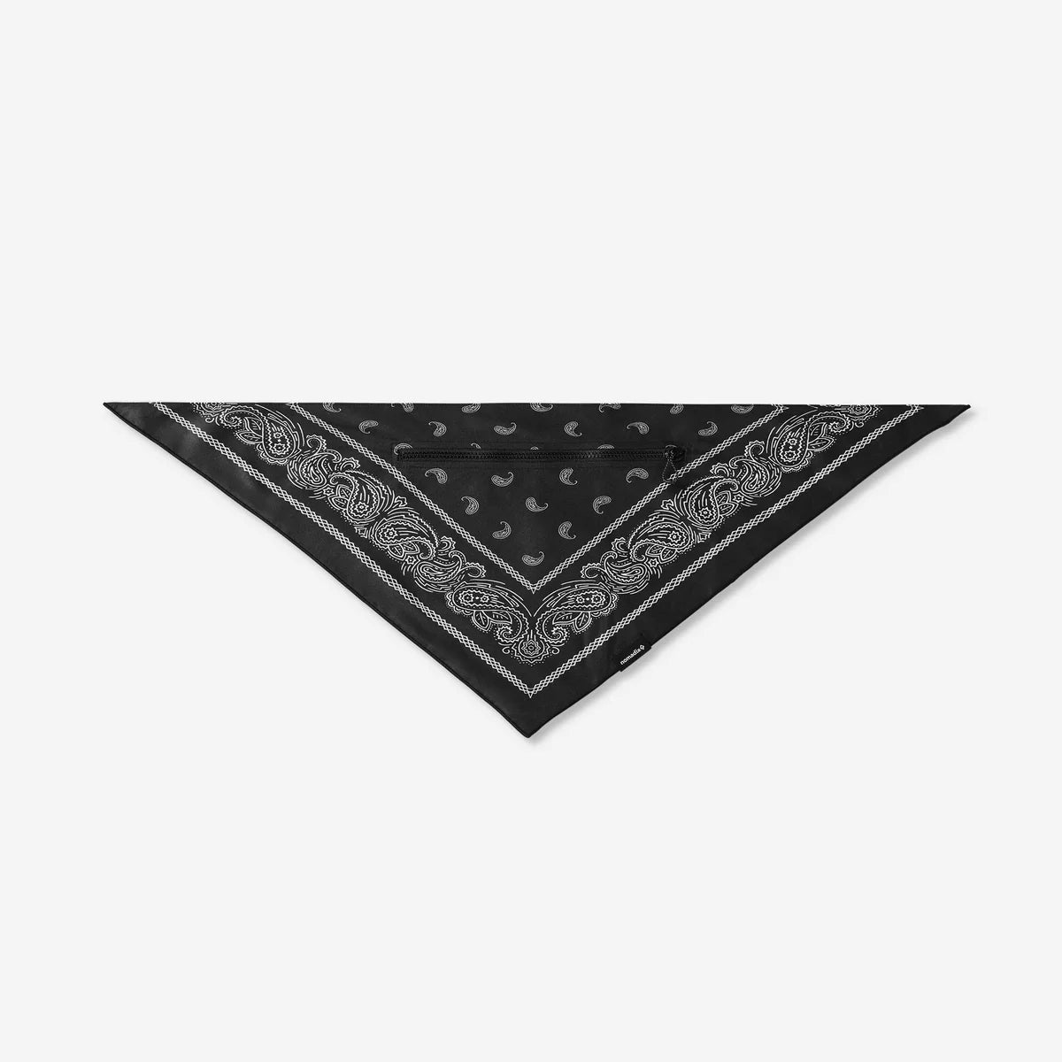 A black bandana with a white paisley border and small white crescent moon motifs, displayed flat against a light gray background.