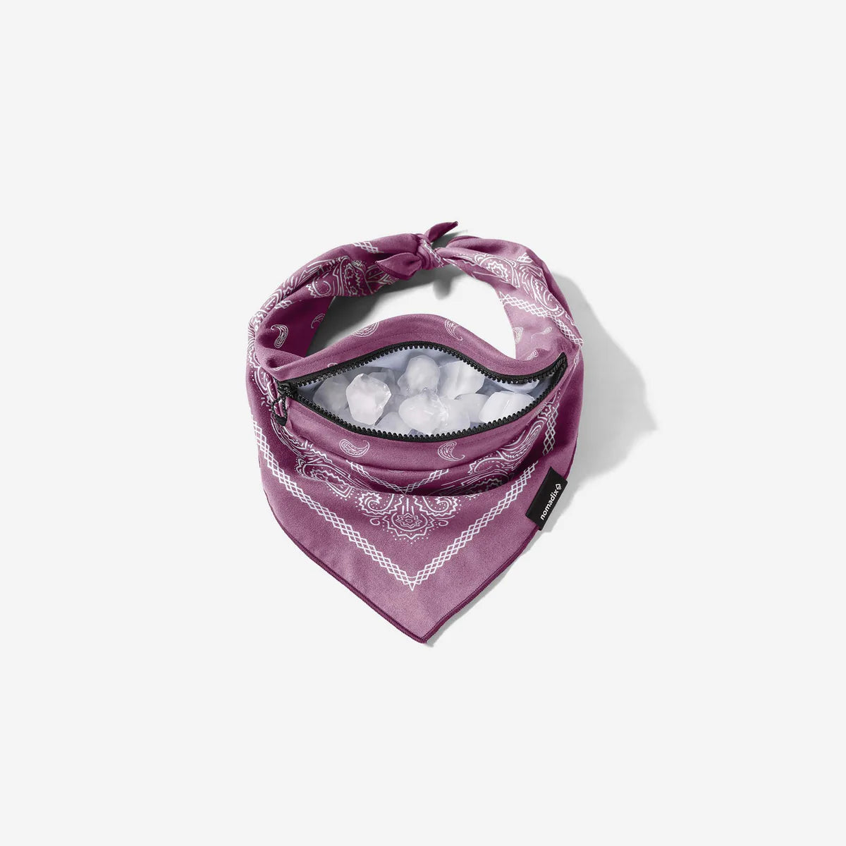 Purple bandana with white patterns and a zipper on a white background