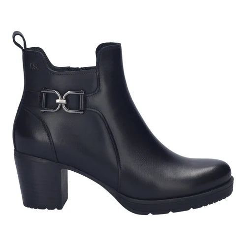 A black leather ankle boot with a chunky block heel and a decorative silver-tone metal buckle detail on the side, shown against a plain white background.