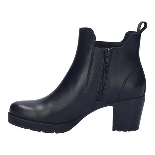 A single black leather ankle boot with a side zipper, block heel, and low lug sole, shown from a side profile view on a white background.