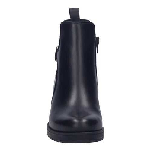 A single black leather ankle boot with a side zipper and pull tab, shown from a front-facing perspective on a solid white background.