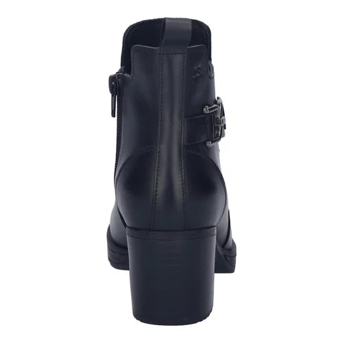 Black leather ankle boot with a block heel, side zipper, and buckle strap detail, shown from a rear three-quarter view on a white background.