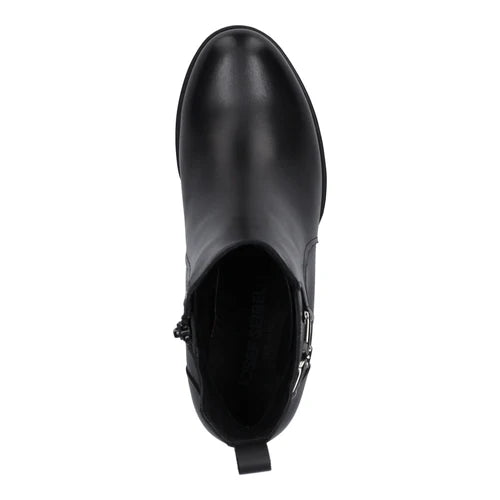 A black leather ankle boot shown from a top-down view, featuring a side zipper and a pull tab at the heel, set against a plain white background.