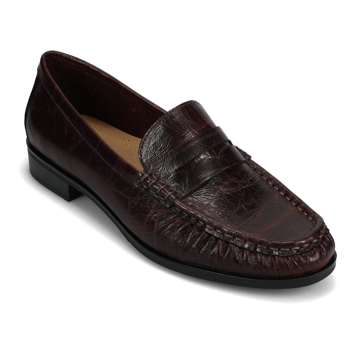 A dark brown textured leather penny loafer shown from a three-quarters angle on a white background.