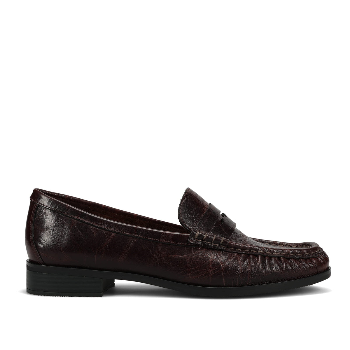 Brown leather loafer on a light gray background