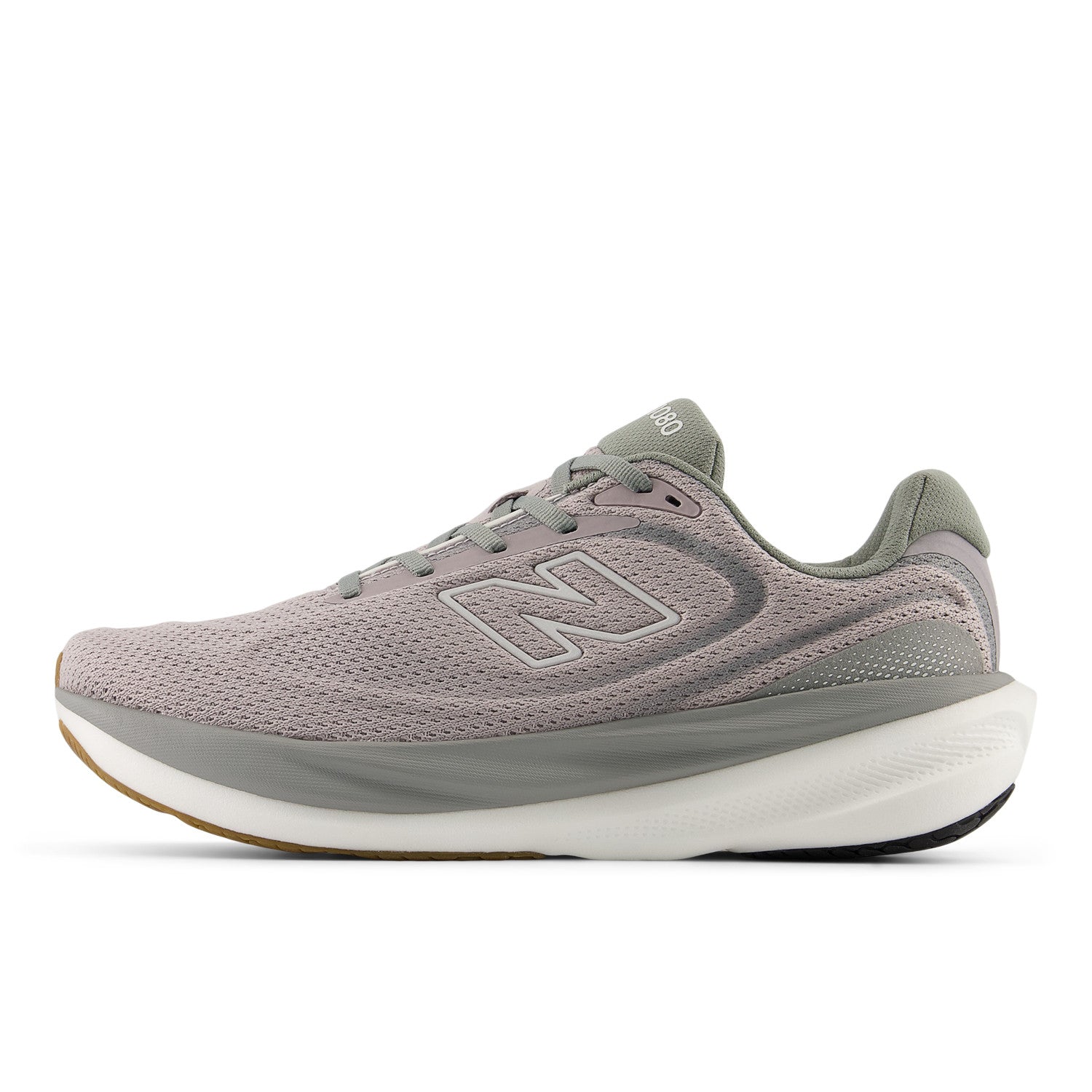 Gray running shoe with New Balance logo on a white background