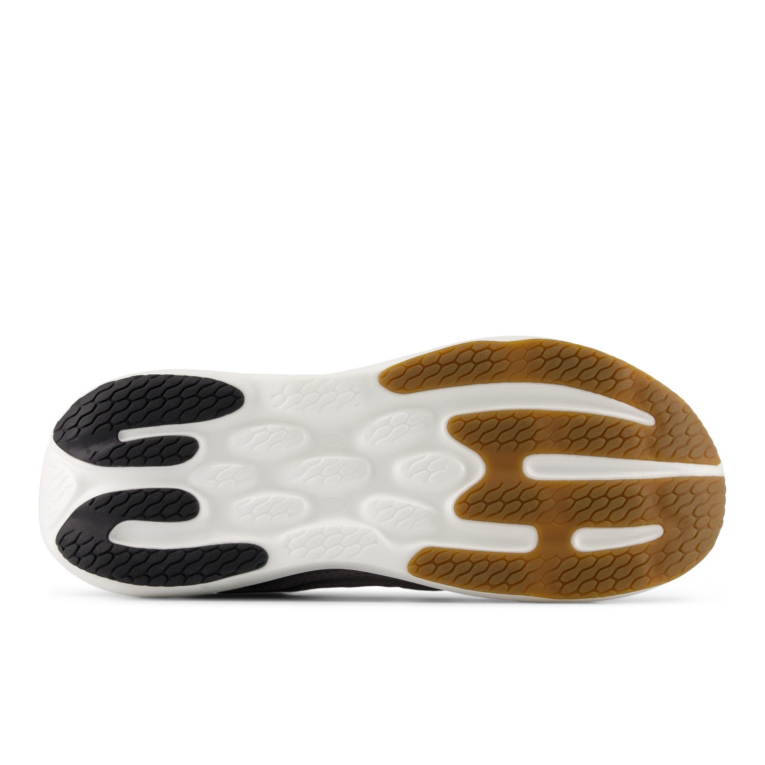 Close-up of a shoe sole with black, white, and brown colors on a white background