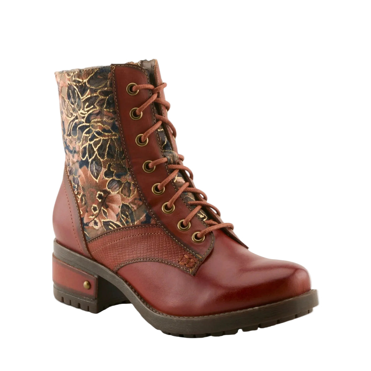 A lace-up ankle boot with a reddish-brown leather upper, a floral-patterned fabric side panel, and a chunky brown block heel, shown on a light gray background.