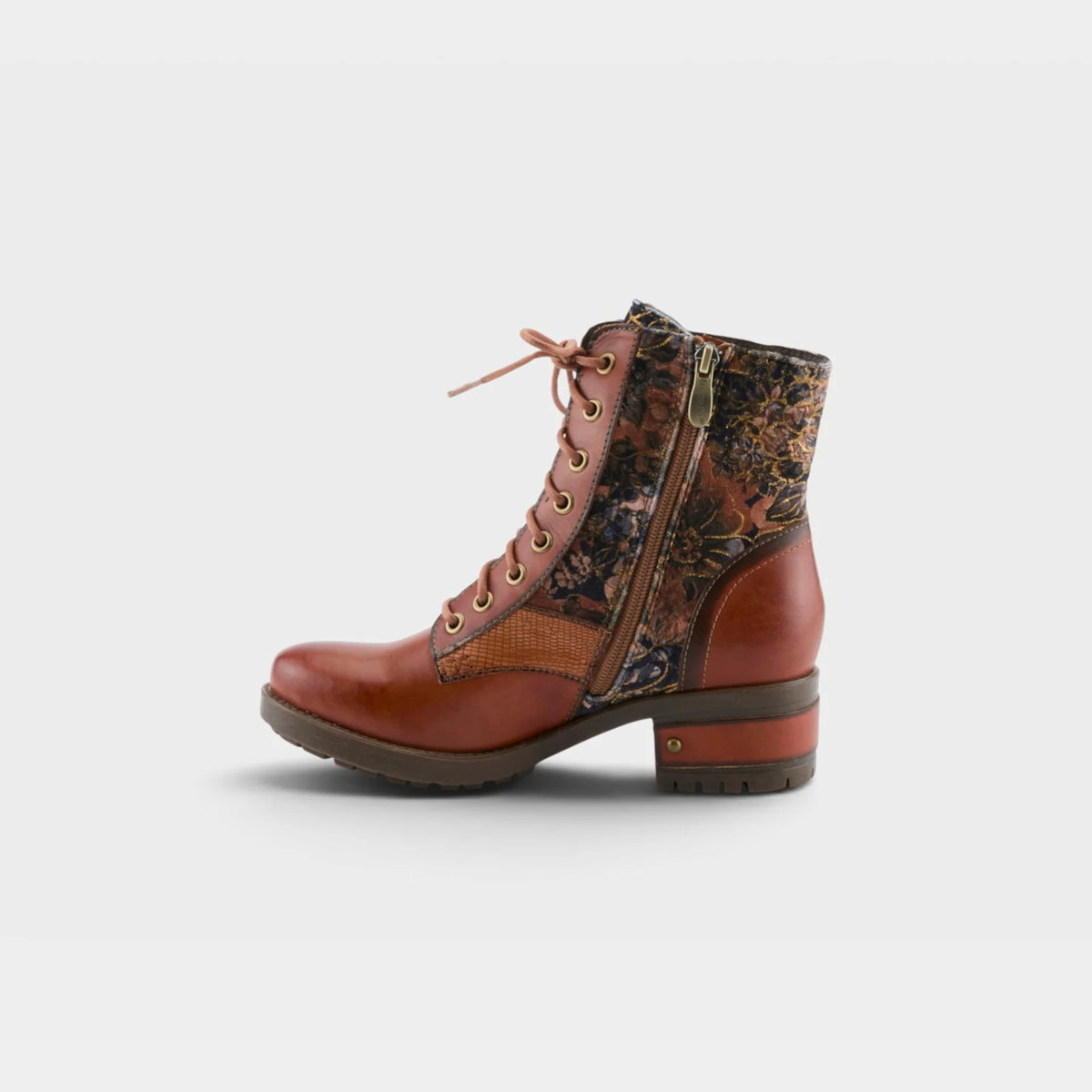 A side-profile view of a brown leather lace-up ankle boot with a floral-patterned fabric side panel and a low block heel, set against a plain light gray background.
