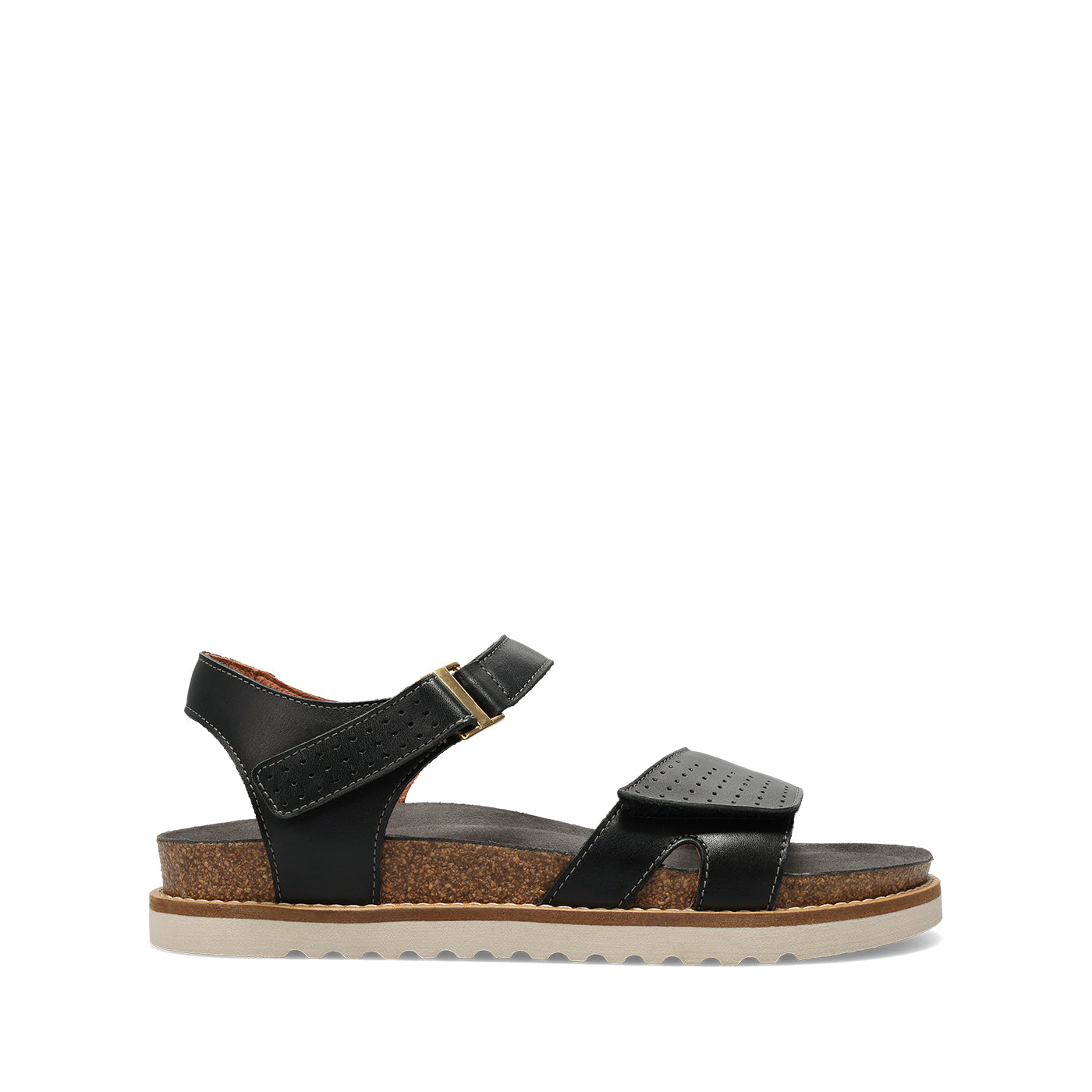Black sandal with cork sole on a white background
