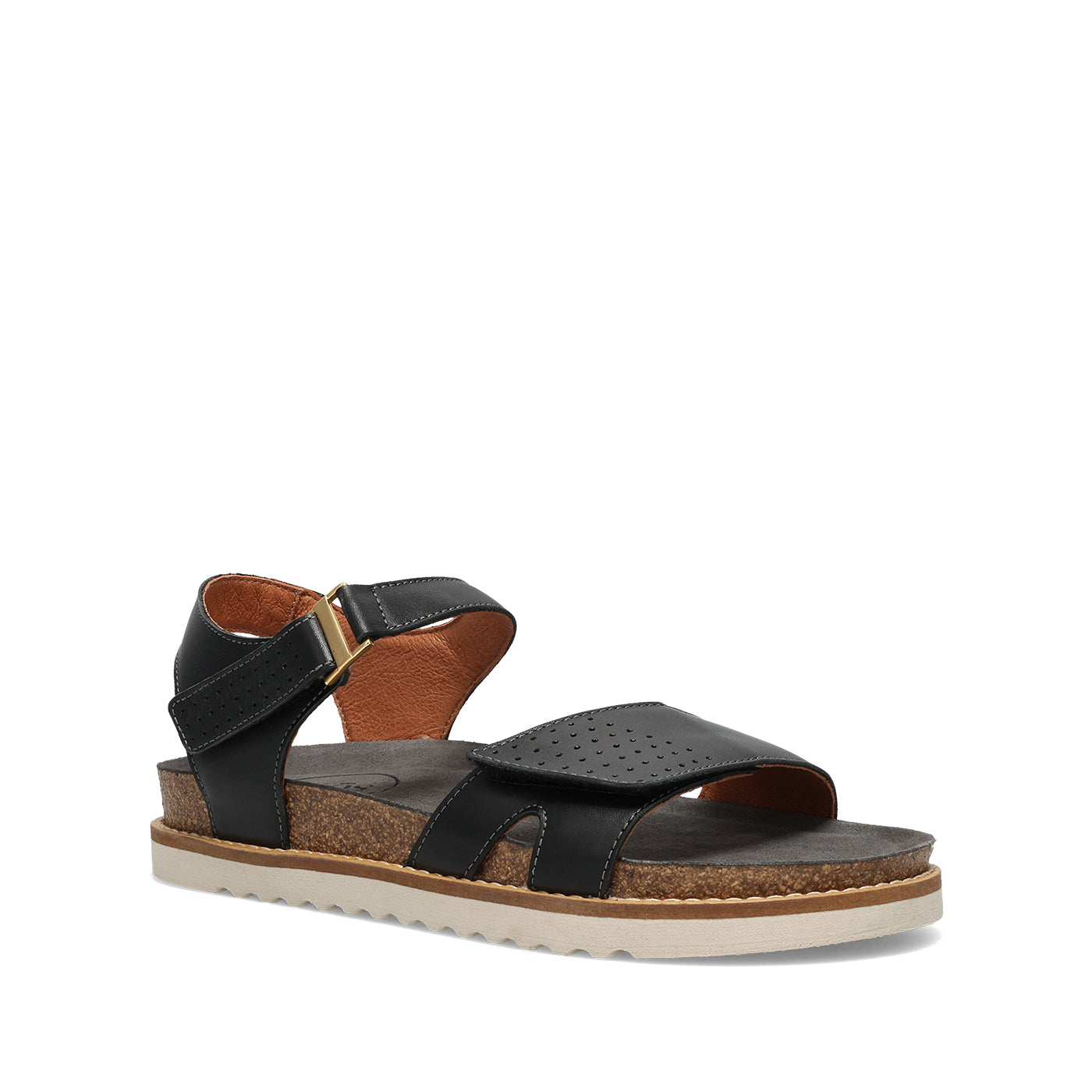 Black sandal with brown insole on a white background