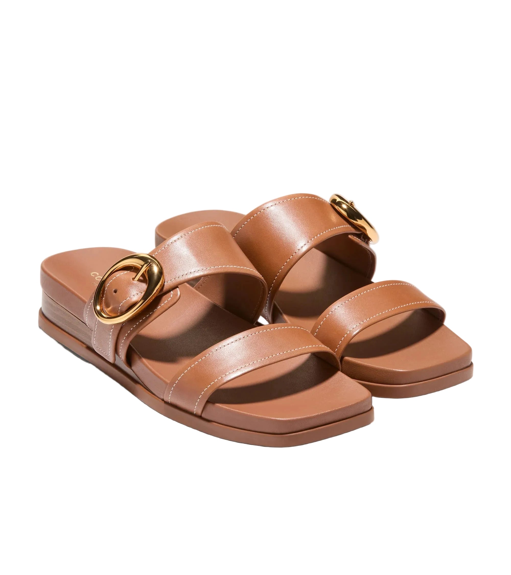 Pair of brown sandals with gold buckles on a white background