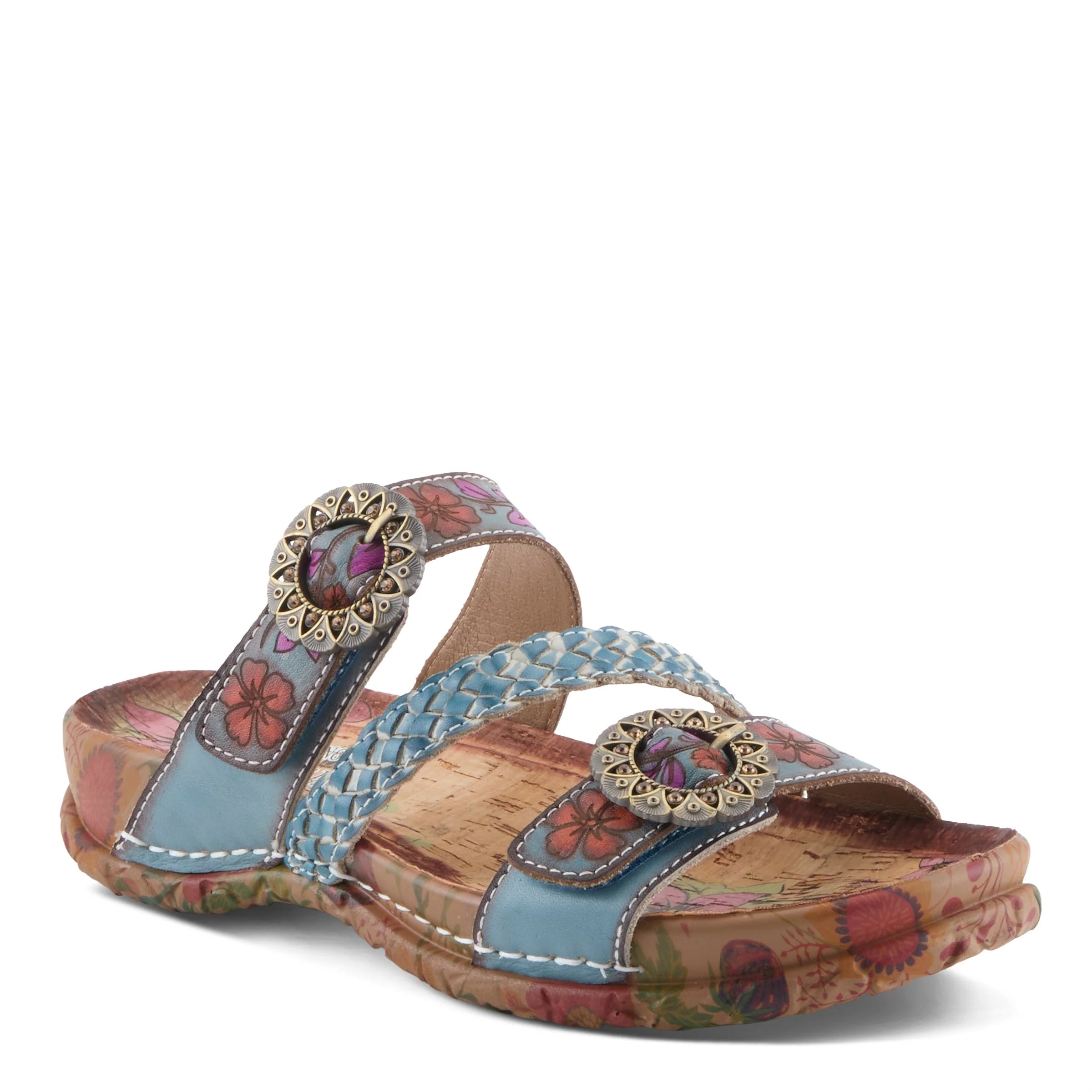Colorful sandal with floral patterns and decorative straps on a white background