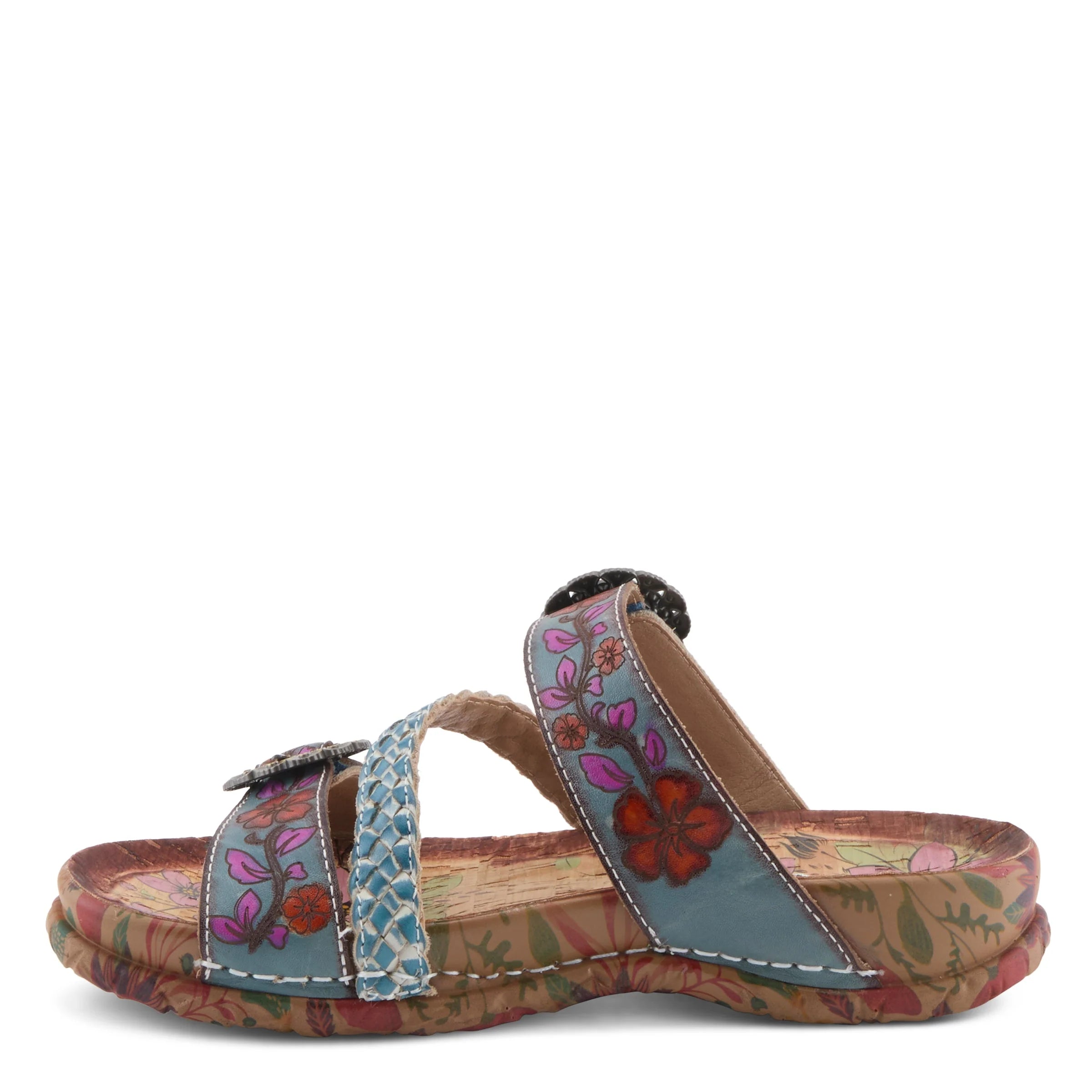 Multicolored sandal with floral patterns on a white background