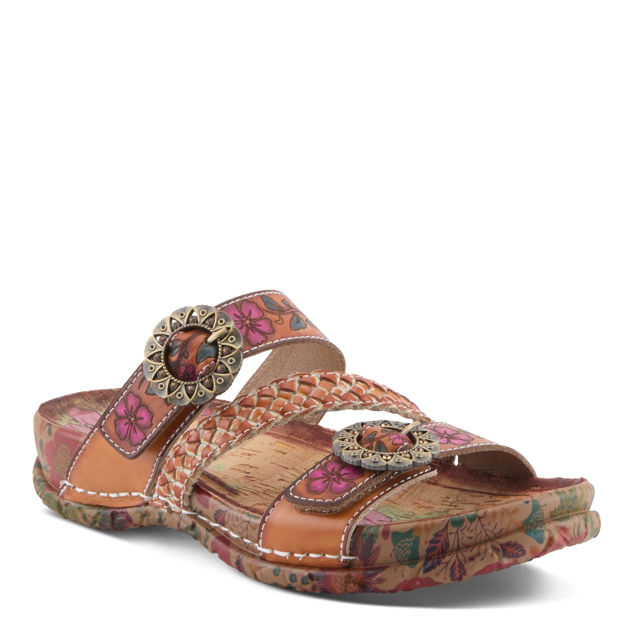Floral patterned sandal with decorative buckle on a white background