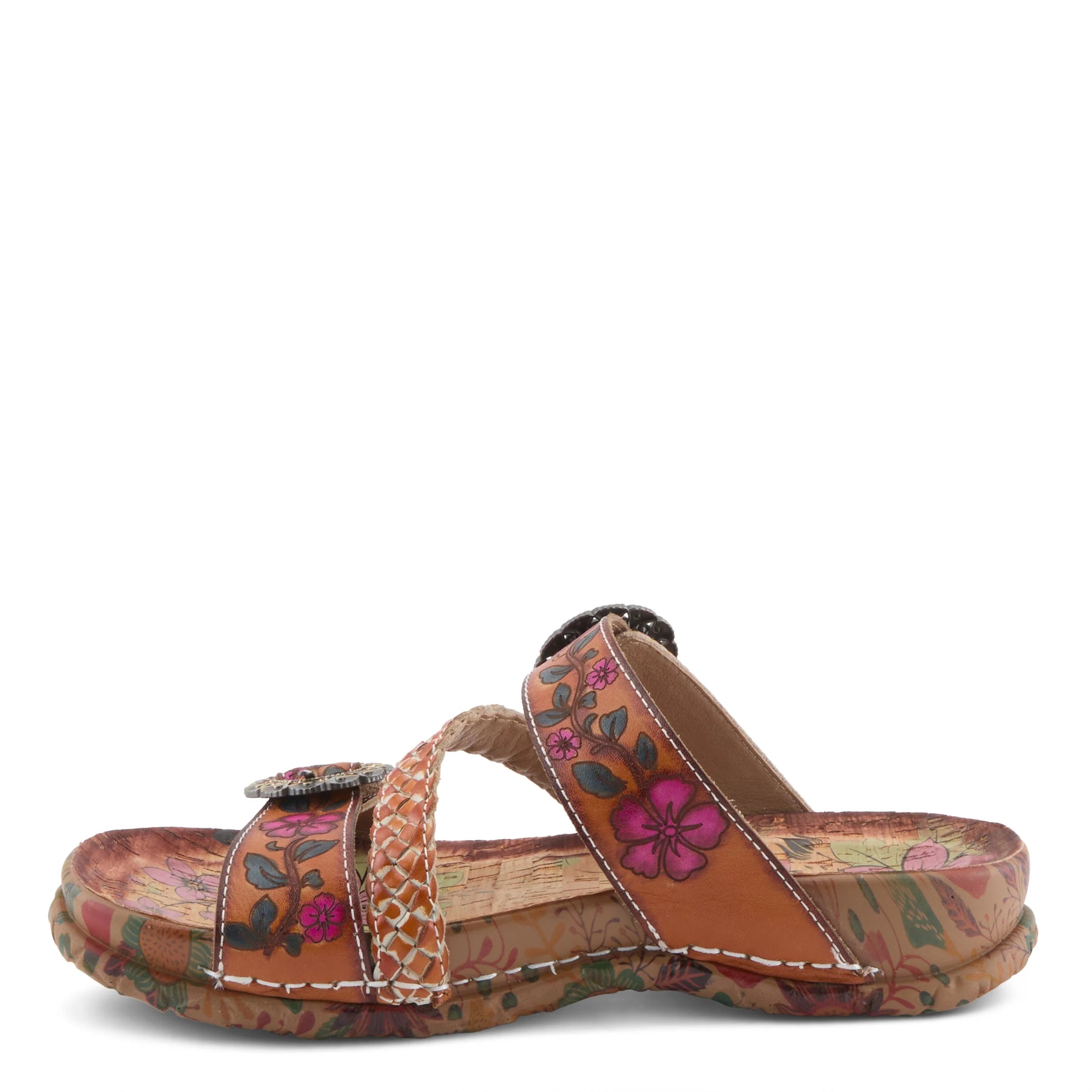 Floral-patterned sandal on a white background