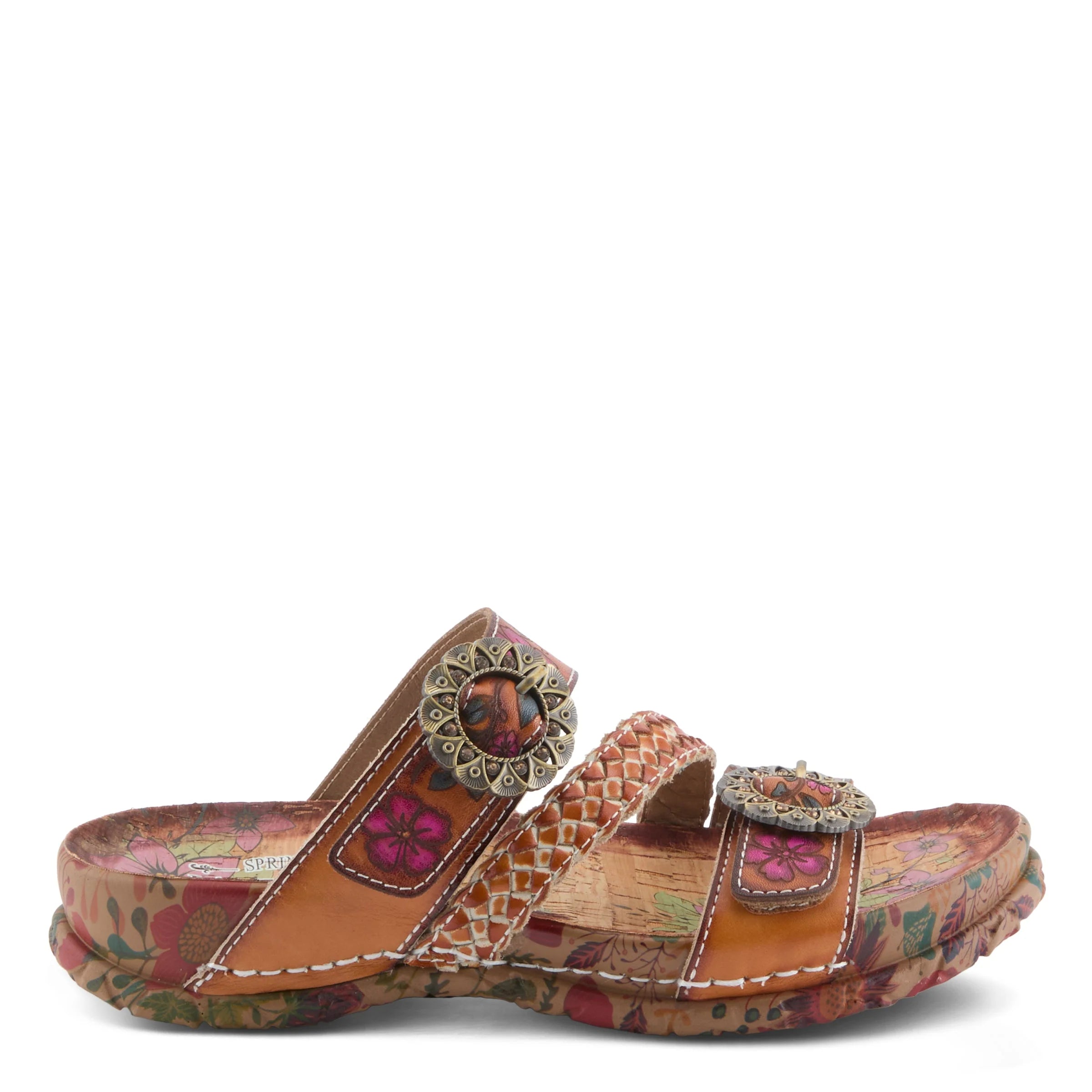 Multicolored sandal with decorative straps on a white background