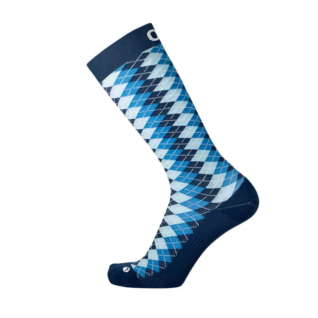 Blue and white argyle patterned sock on a white background