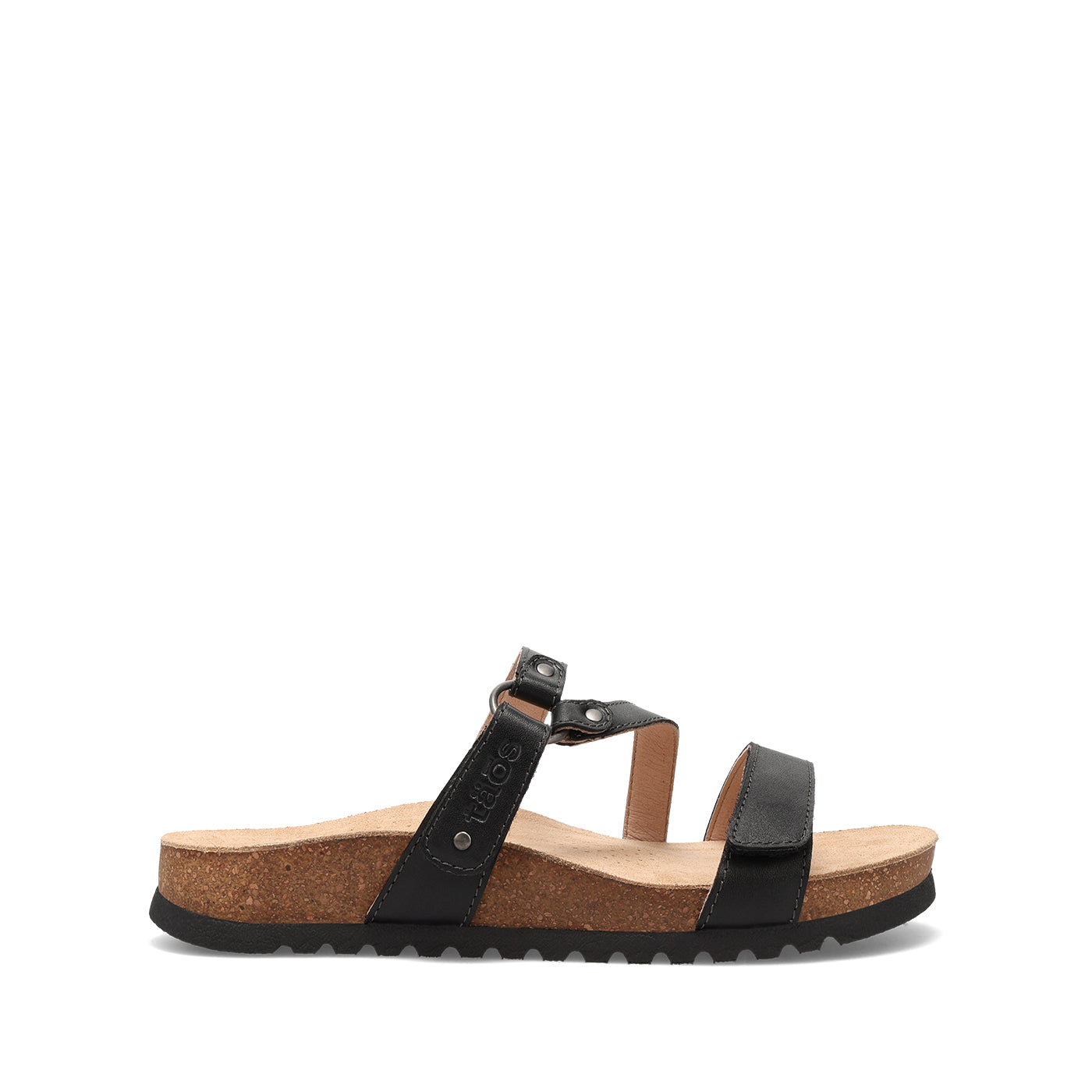 Black sandal with cork sole on a white background