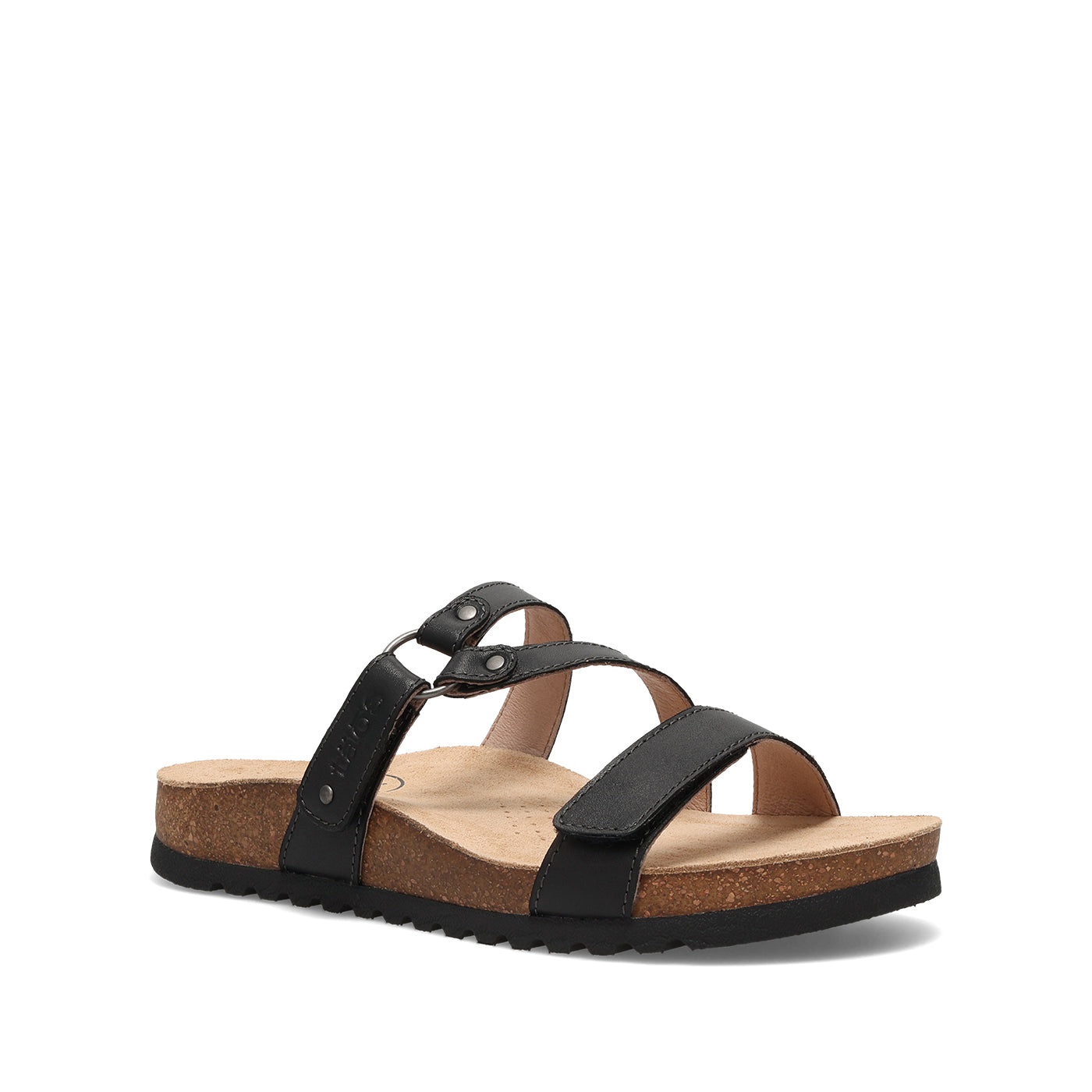 Black sandal with cork sole on a white background