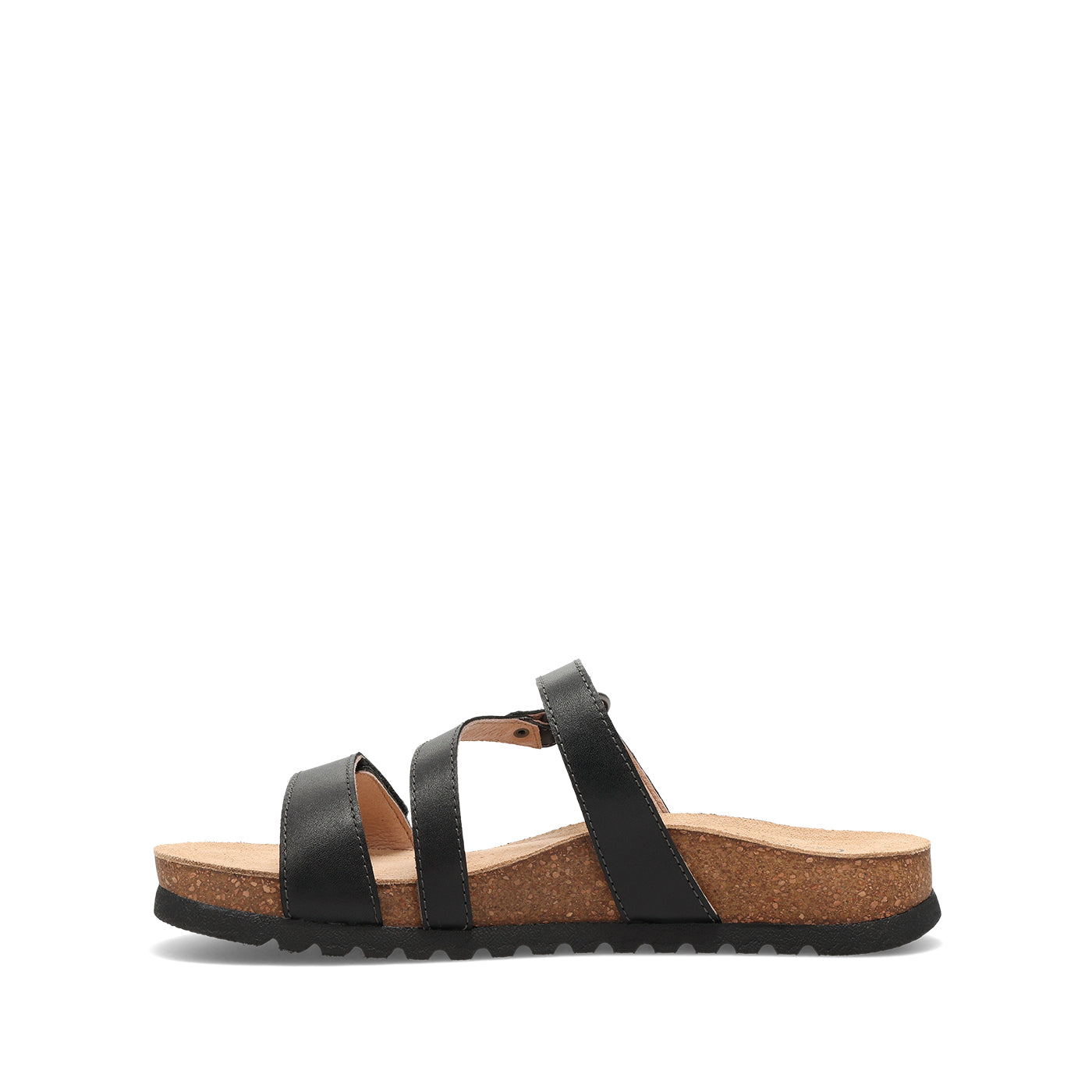 Black sandal with a cork sole on a white background