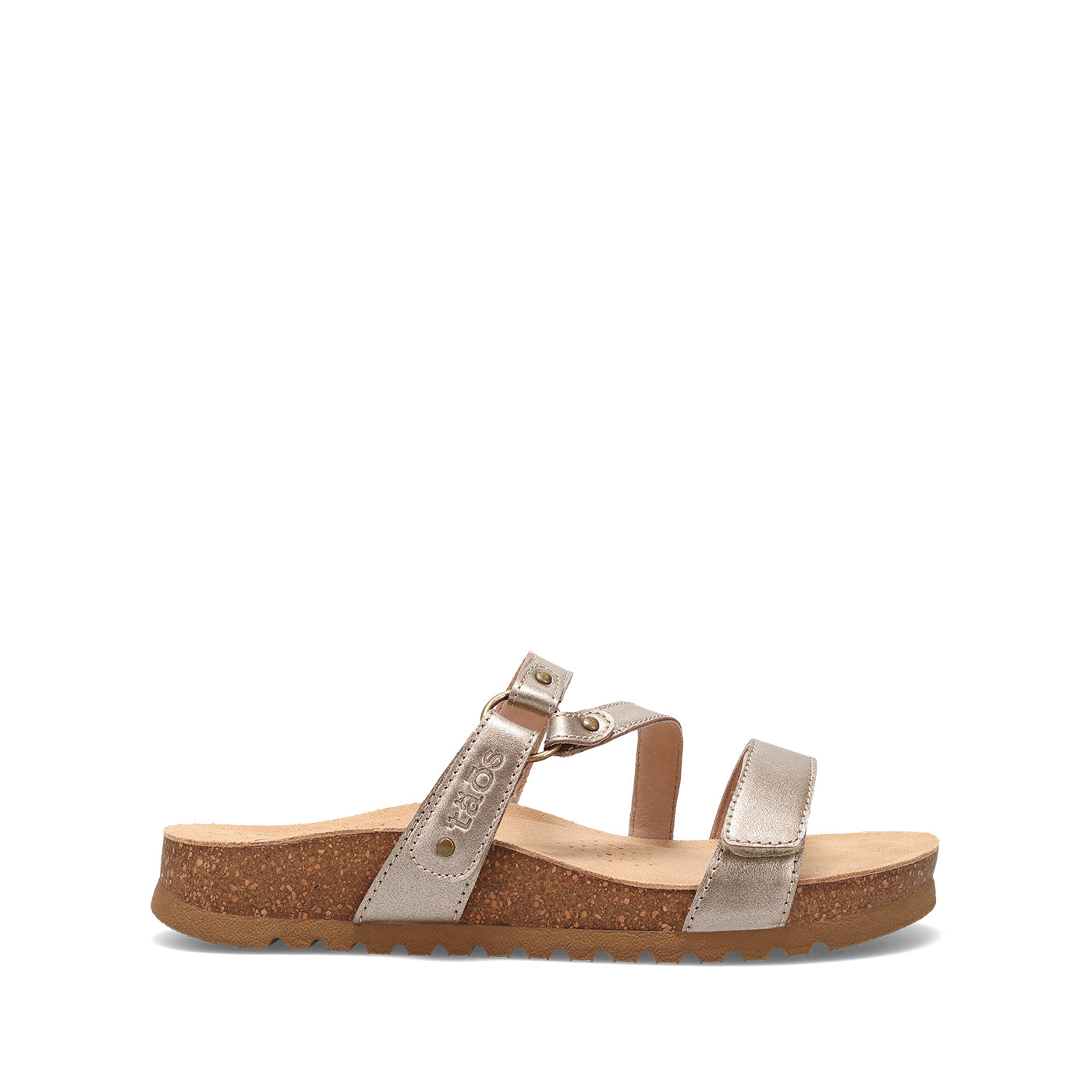 Metallic sandal with cork sole on a white background