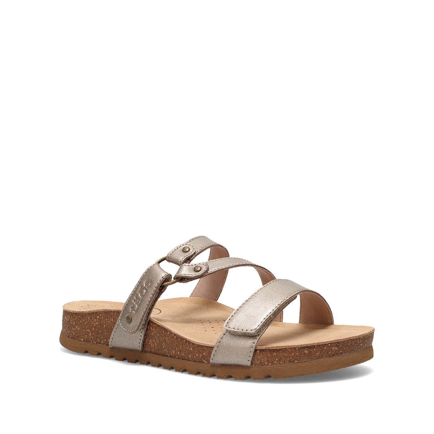 Beige sandal with multiple straps on a white background