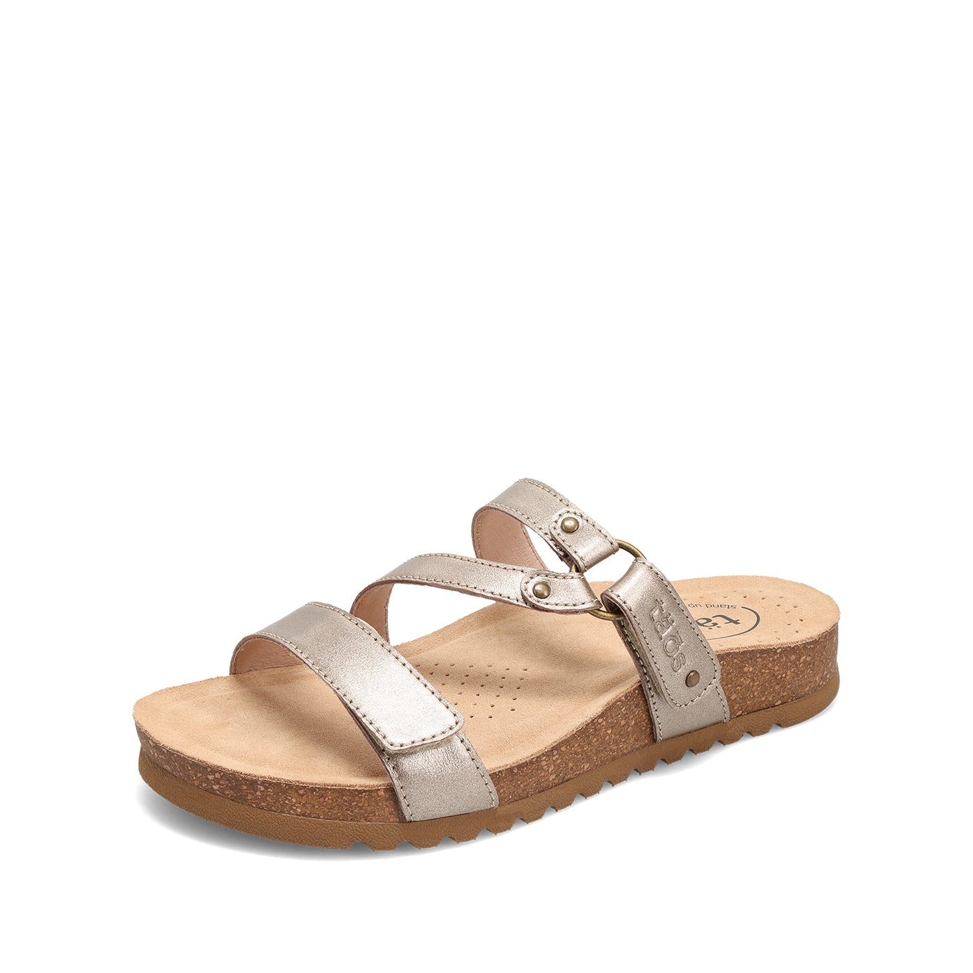 Gold sandal with cork sole on a white background