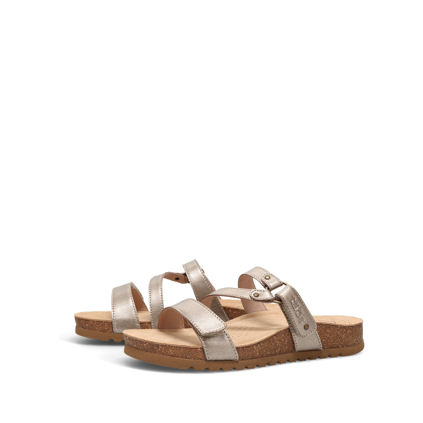 Pair of gold sandals on a white background