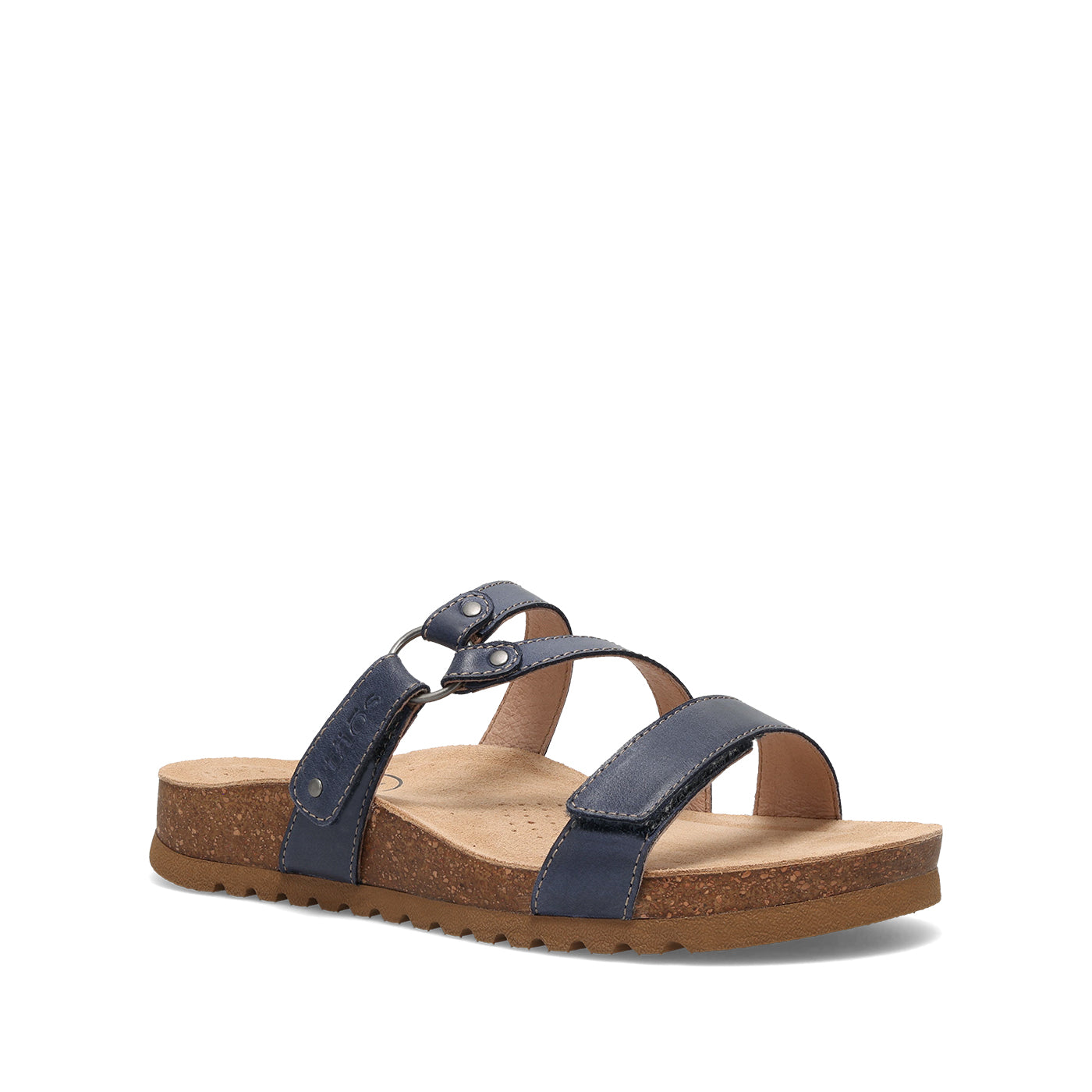 Navy sandal with cork sole on a white background