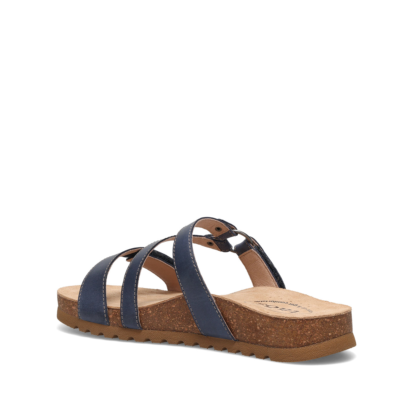 Navy sandal with cork sole on a white background