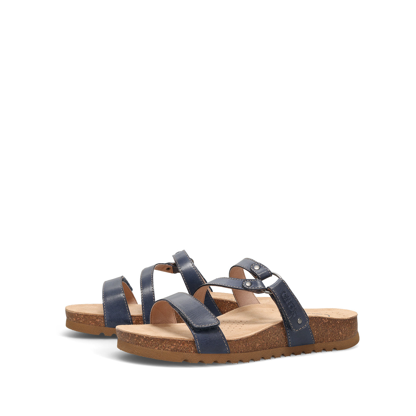 Pair of blue sandals with cork sole on a white background