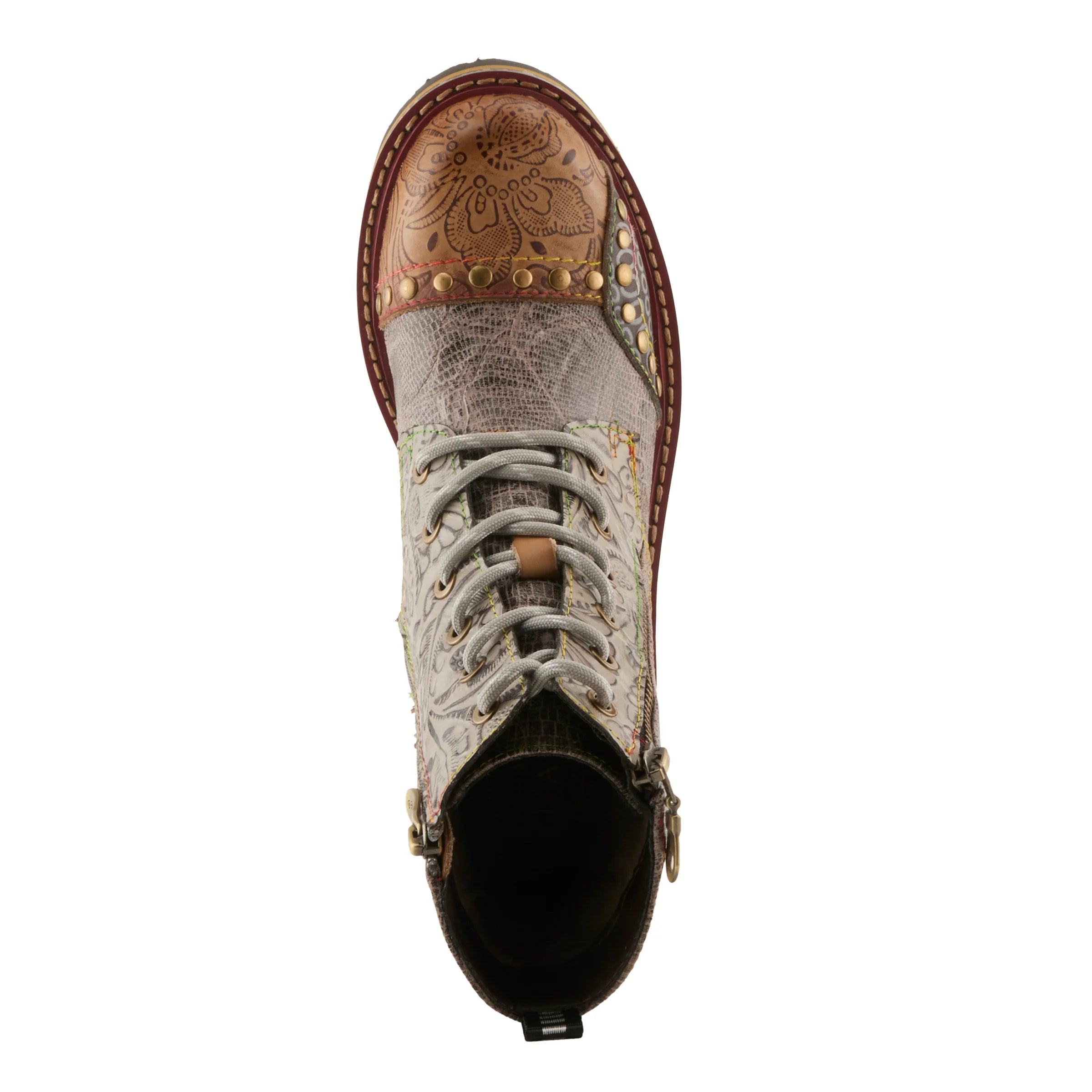 A single western-style ankle boot shown from a top-down view on a white background. The boot features a tan leather toe cap with floral tooling, a textured gray and white snakeskin-patterned shaft, light gray laces, and gold-tone studs and buckles.