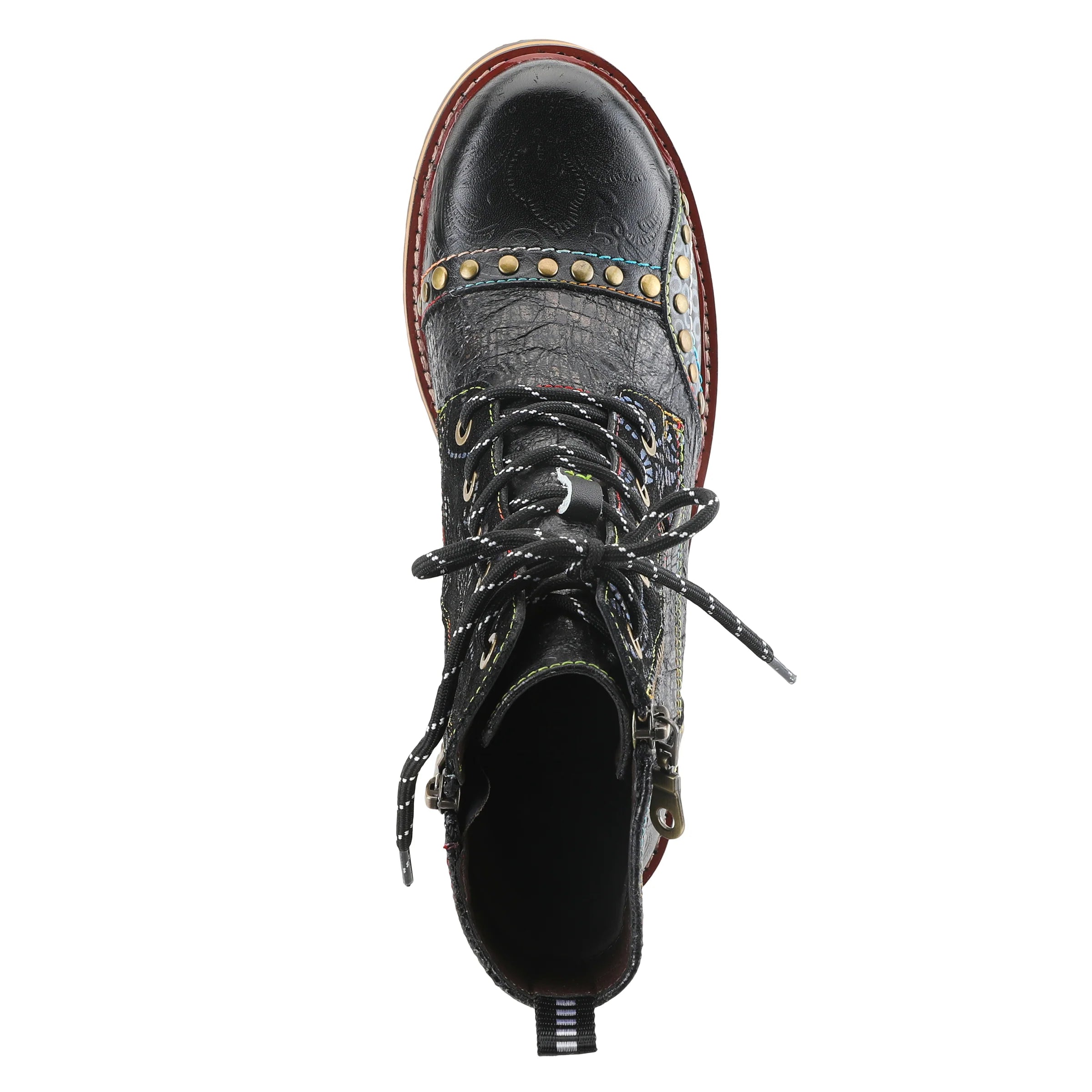 A single black leather lace-up ankle boot shown from a top-down view on a plain white background. The boot features a textured black leather upper, black laces, gold-tone metal studs across the vamp, and a reddish-brown outsole edge.