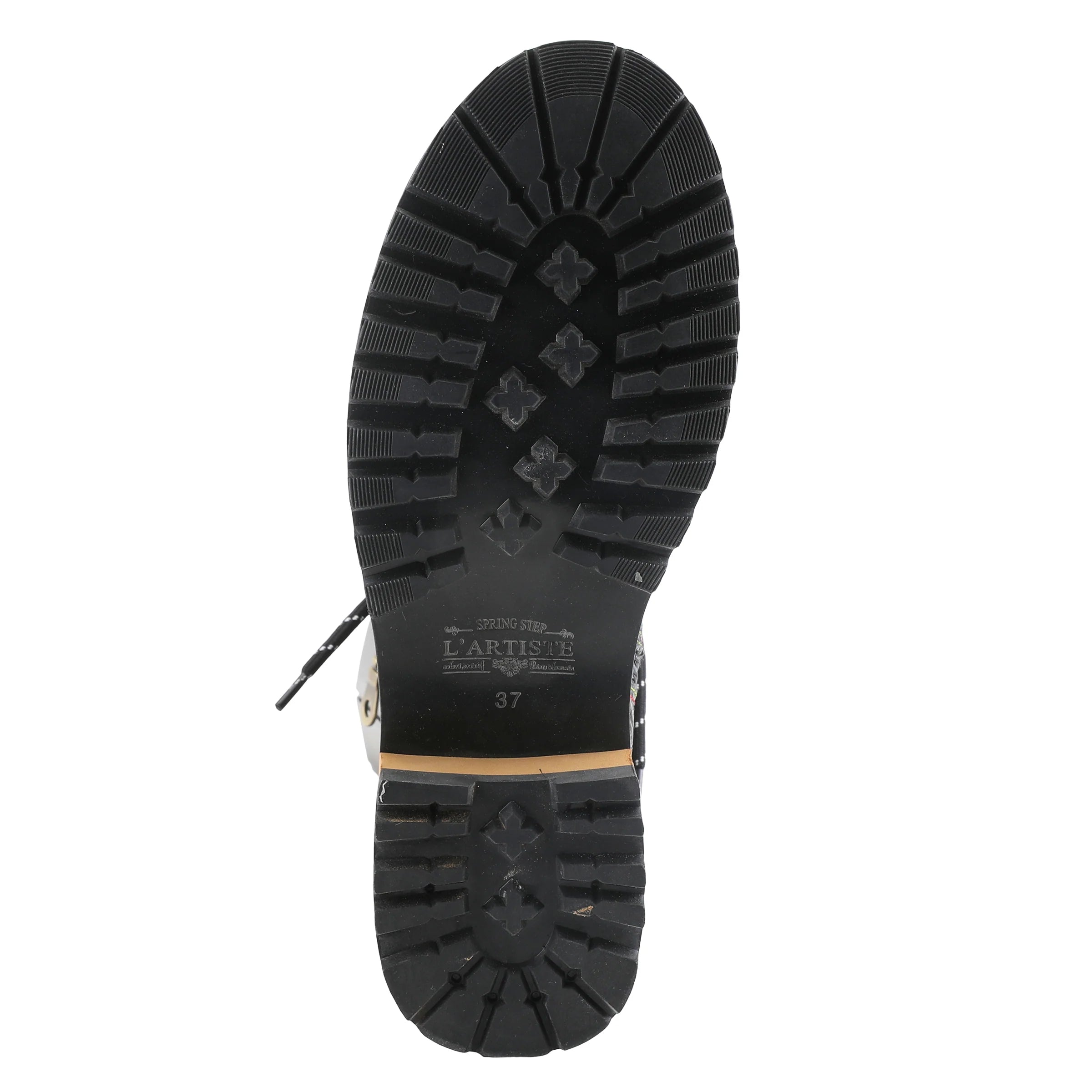 Black boot sole with tread pattern on a white background