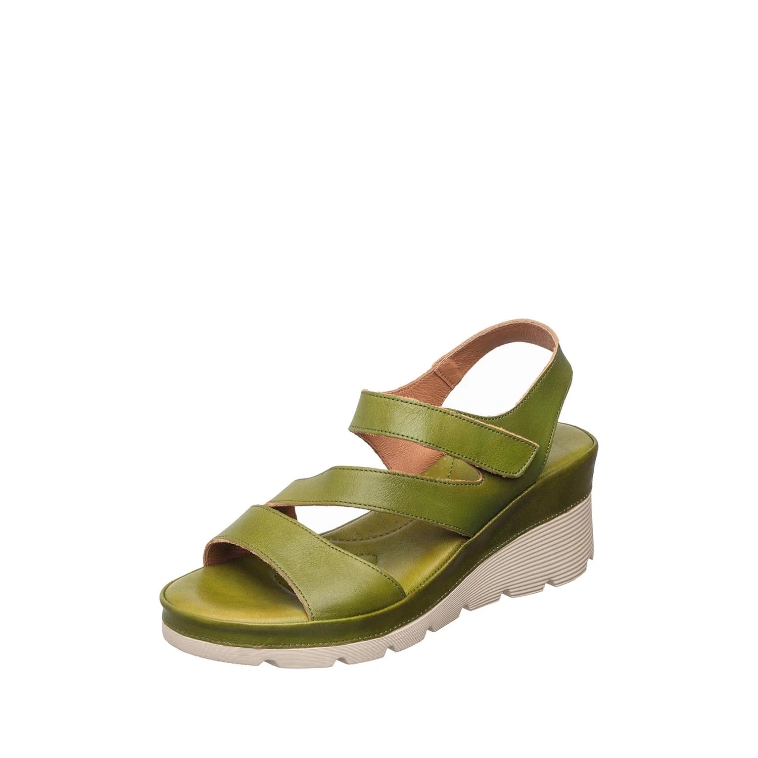 Green sandal with a wedge heel on a white background