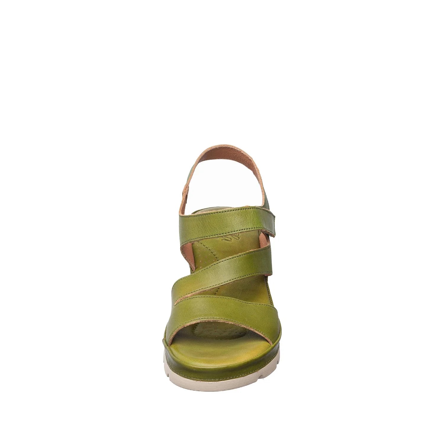 Green sandal with a white sole on a white background