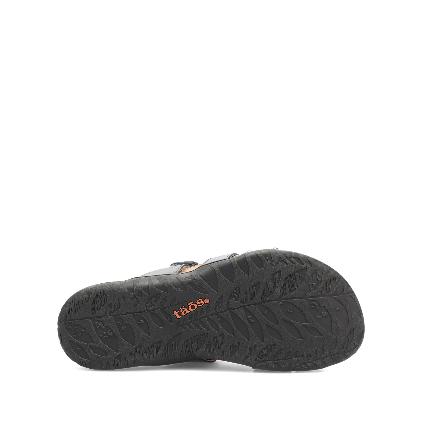 Black sandal with orange logo on a white background