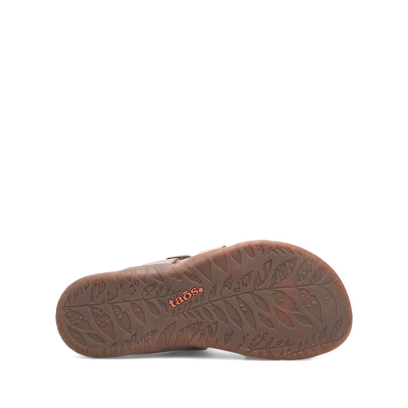 Brown sandal sole with 'Toas' branding on a white background