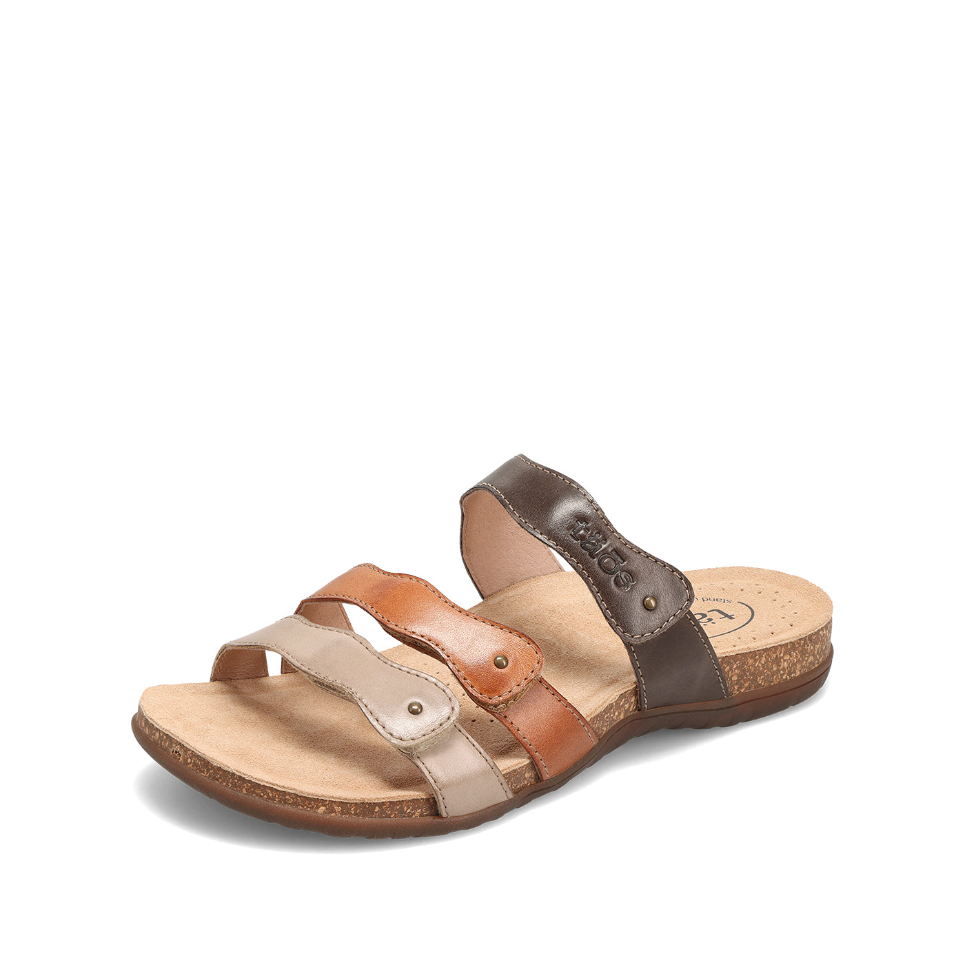 Multicolored sandal with brown, beige, and orange straps on a white background