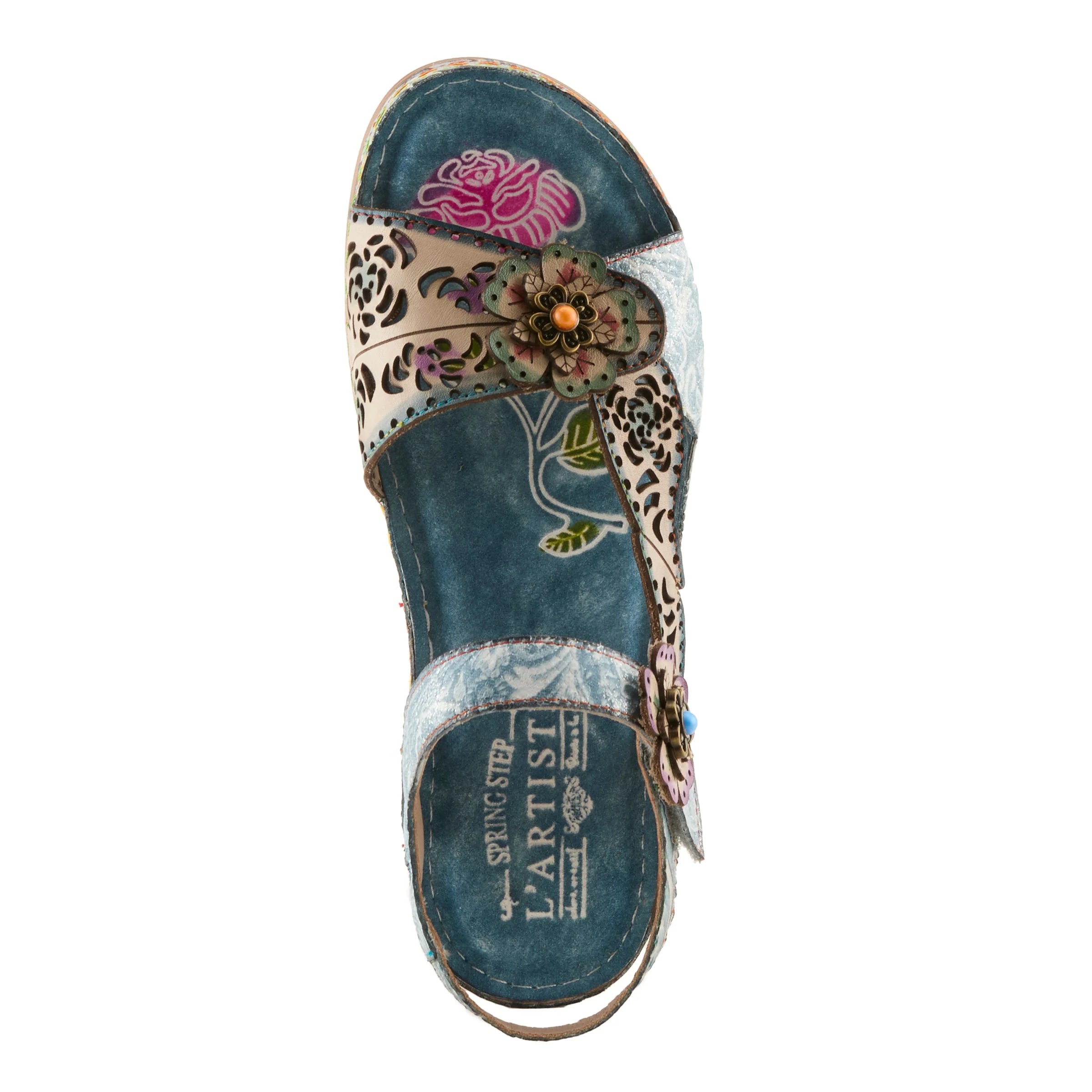 Blue sandal with floral and leopard print details on a white background