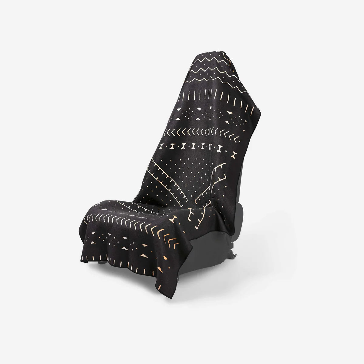 Black car seat cover with white geometric patterns on a white background
