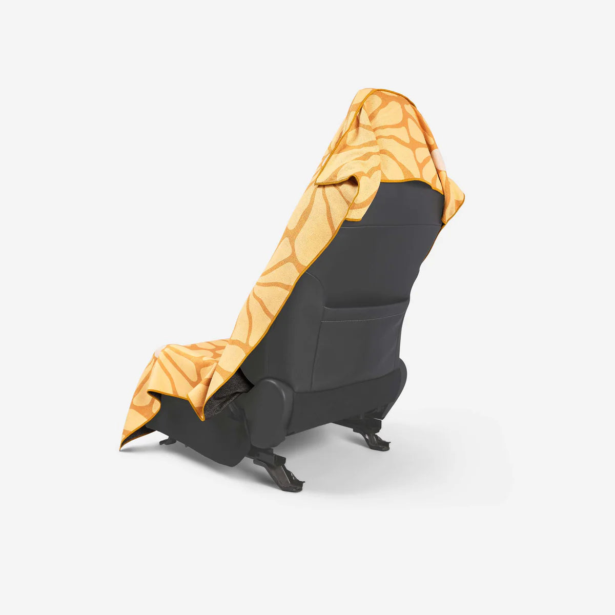 Black car seat with orange cover on a white background