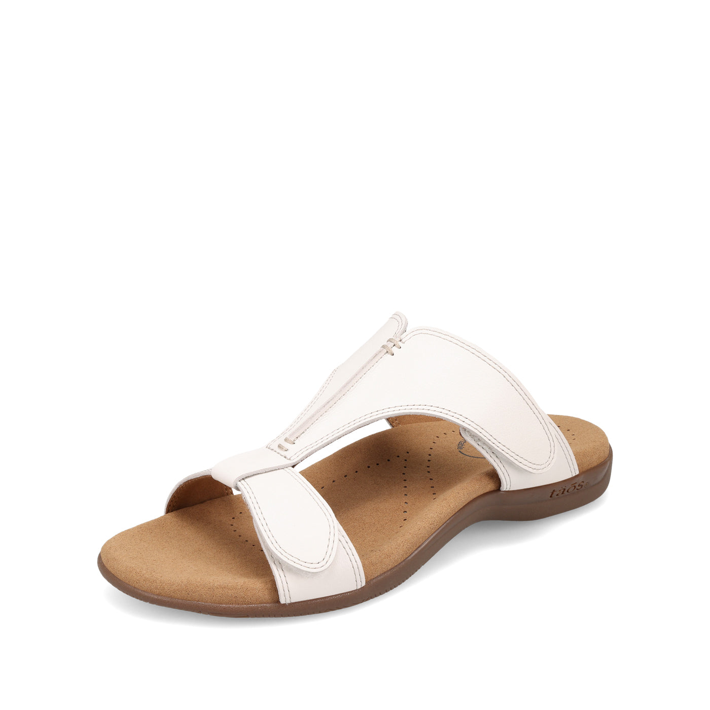 White sandal with brown sole on a white background